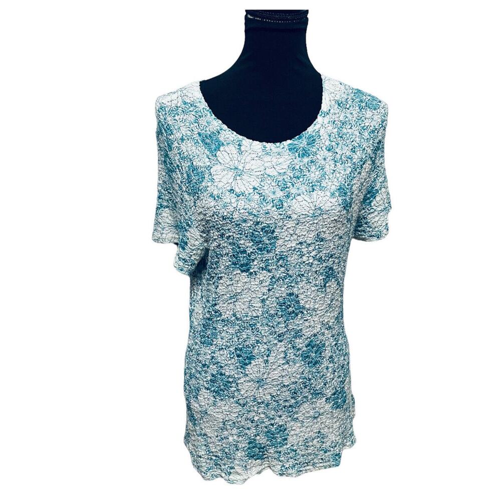 Croft & Barrow Short Sleeve Top Womans Large Blue Floral Stretchy Textured